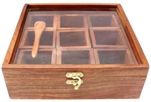 Homefrills Square Spice Box with Spoon in Sheesham Wood Multi-Utility Storage,Masala Dabba,Spice Rack,Masala box,Masala Spice Jars Container for Kitchen (9 Containers, Removable, Brown)