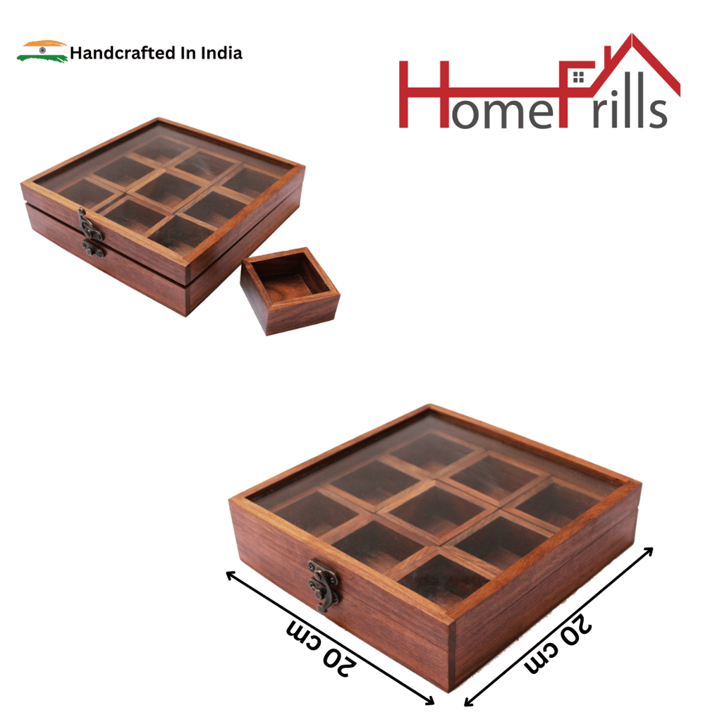 Homefrills Square Spice Box with Spoon in Sheesham Wood Multi-Utility Storage,Masala Dabba,Spice Rack,Masala box,Masala Spice Jars Container for Kitchen (9 Containers, Removable, Brown)