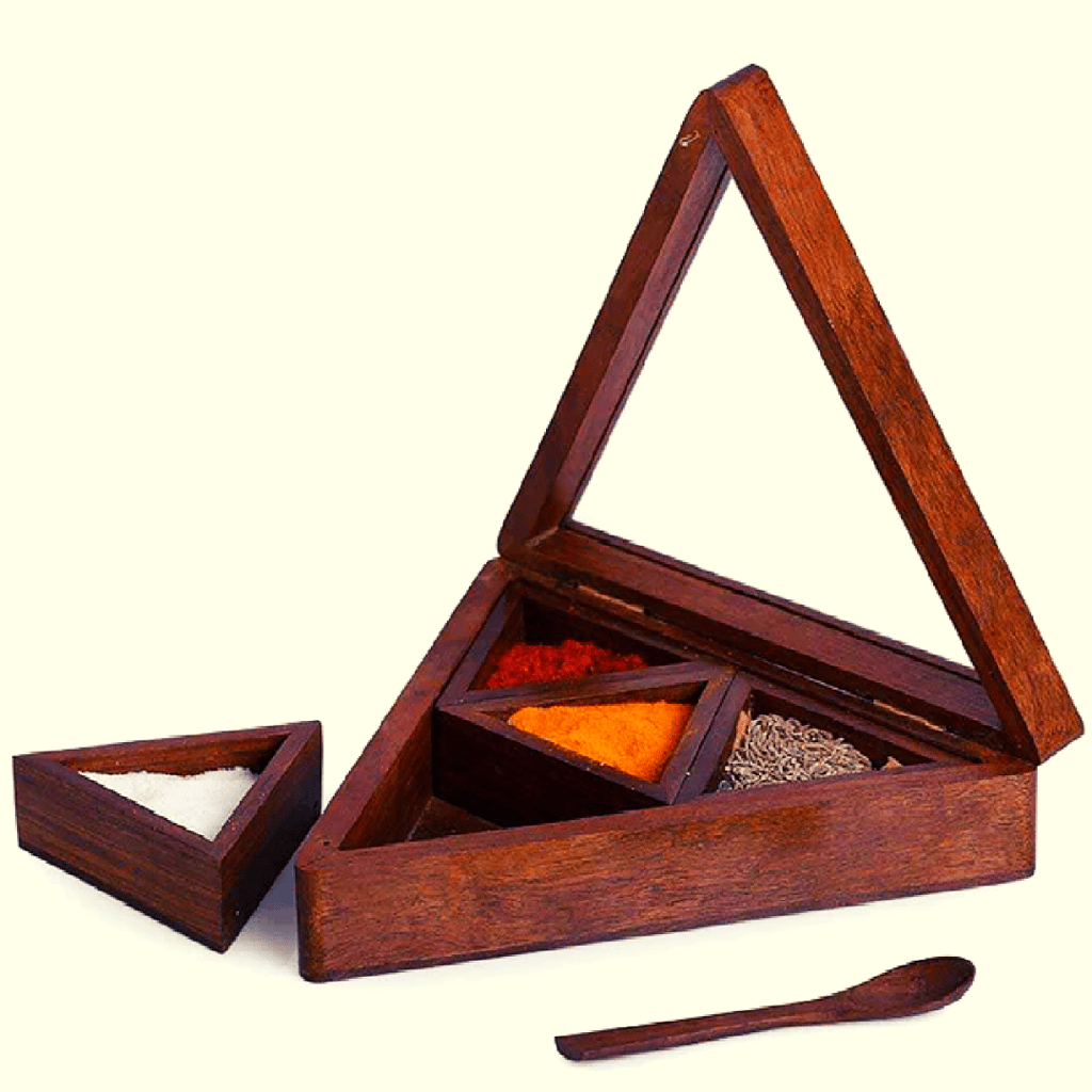 Homefrills Triangle Spice Box with Spoon in Sheesham Wood Multi-Utility Storage,Masala Dabba,Spice Rack,Masala box,Masala Spice Jars Container for Kitchen (4 Containers, Removable, Brown)