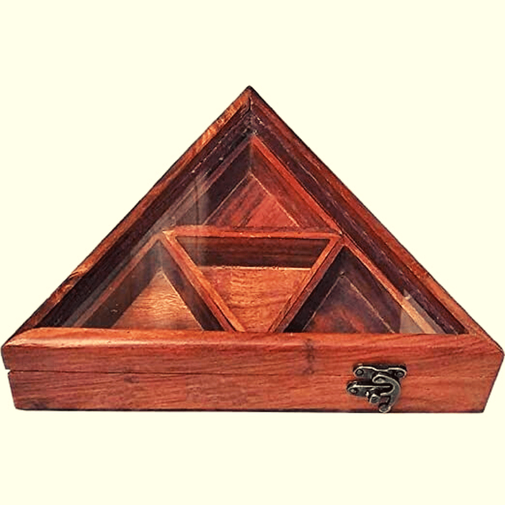 Homefrills Triangle Spice Box with Spoon in Sheesham Wood Multi-Utility Storage,Masala Dabba,Spice Rack,Masala box,Masala Spice Jars Container for Kitchen (4 Containers, Removable, Brown)