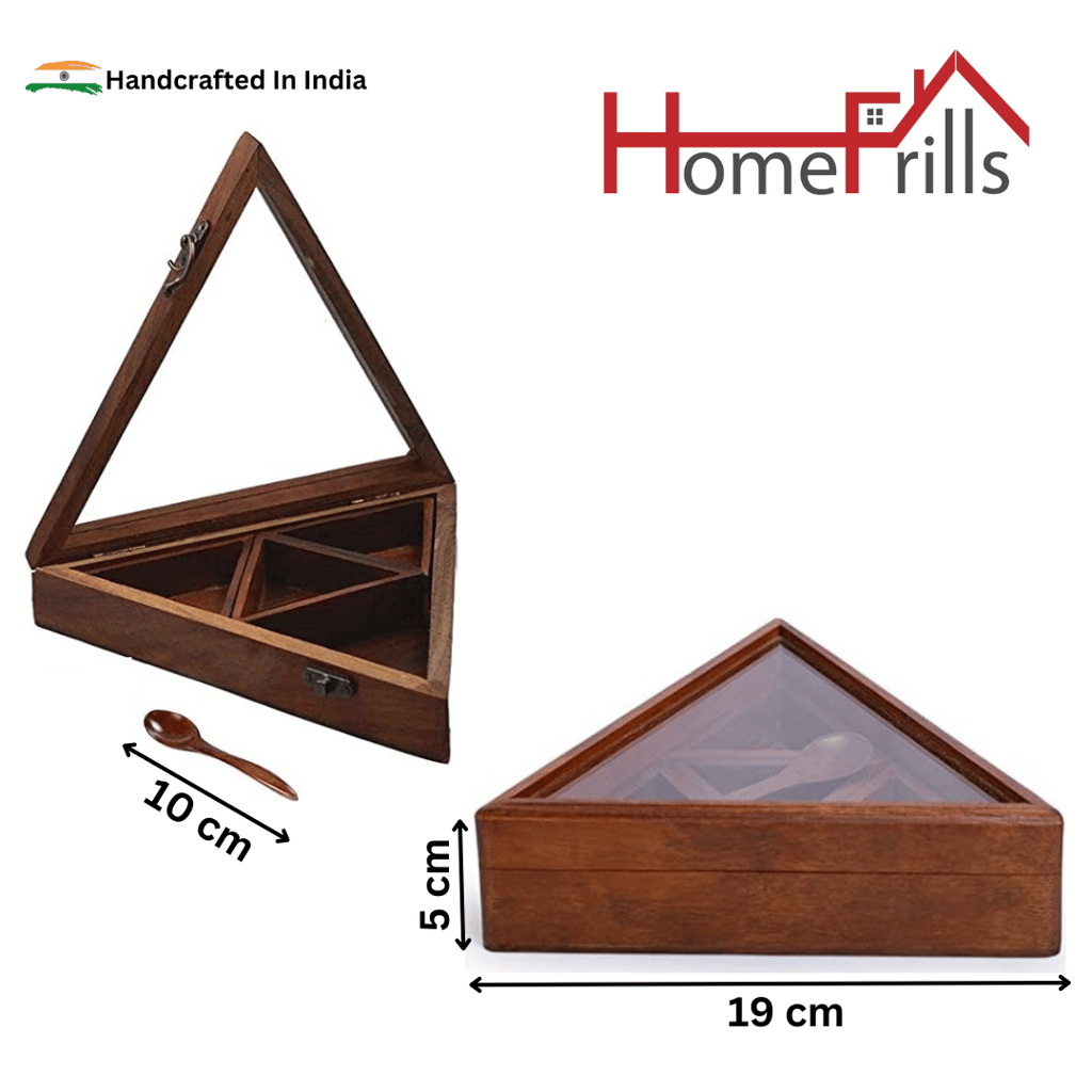 Homefrills Triangle Spice Box with Spoon in Sheesham Wood Multi-Utility Storage,Masala Dabba,Spice Rack,Masala box,Masala Spice Jars Container for Kitchen (4 Containers, Removable, Brown)