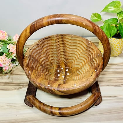 Homefrills Wooden Beautiful Fruit Foldable Basket with Carry Handle and Stand,Vegetable Basket for Kitchen Décor, Home Décor, Table Top Décor, Best for Gifting Colour- Brown