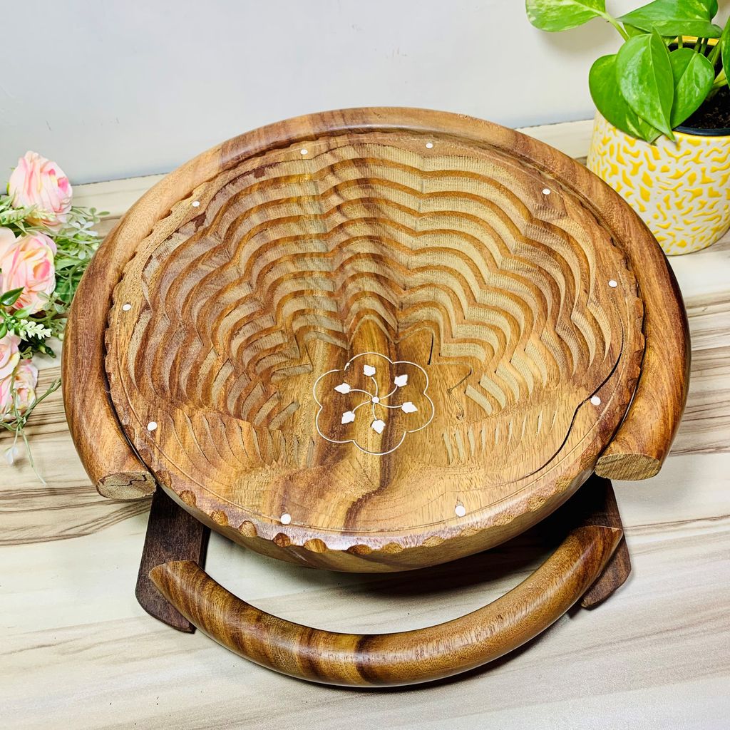 Homefrills Wooden Beautiful Fruit Foldable Basket with Carry Handle and Stand,Vegetable Basket for Kitchen Décor, Home Décor, Table Top Décor, Best for Gifting Colour- Brown