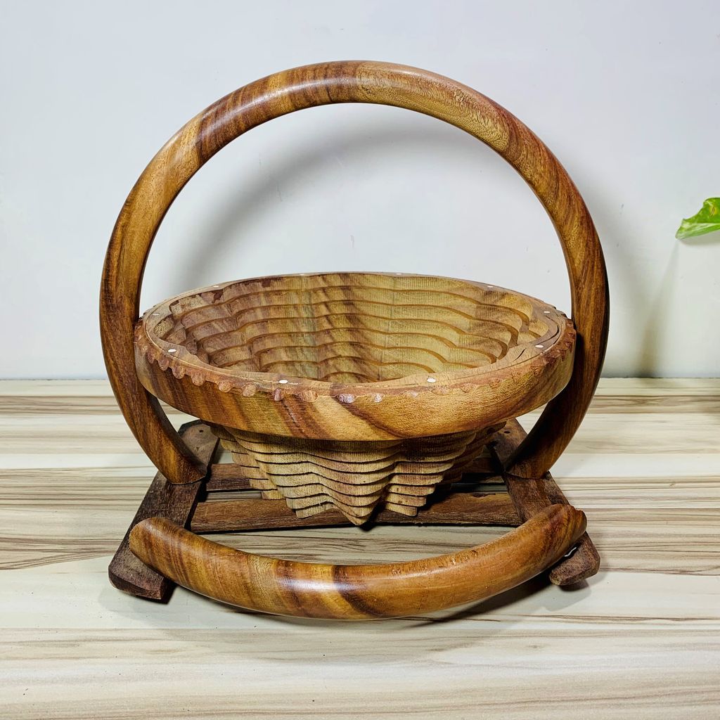 Homefrills Wooden Beautiful Fruit Foldable Basket with Carry Handle and Stand,Vegetable Basket for Kitchen Décor, Home Décor, Table Top Décor, Best for Gifting Colour- Brown