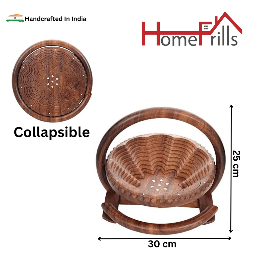 Homefrills Wooden Beautiful Fruit Foldable Basket with Carry Handle and Stand,Vegetable Basket for Kitchen Décor, Home Décor, Table Top Décor, Best for Gifting Colour- Brown