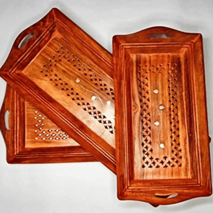 Homefrills Sheesham Wood Carved Design Antique Serving Tray/Platter, Handmade & Handcrafted Rectangular Platter/Trays with Handles for Serving Pastries, Snacks, Breakfast, Coffee- Set of 3