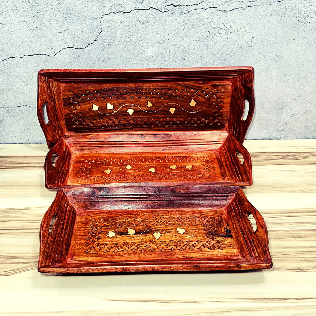 Homefrills Sheesham Wood Carved Design Antique Serving Tray/Platter, Handmade & Handcrafted Rectangular Platter/Trays with Handles for Serving Pastries, Snacks, Breakfast, Coffee- Set of 3