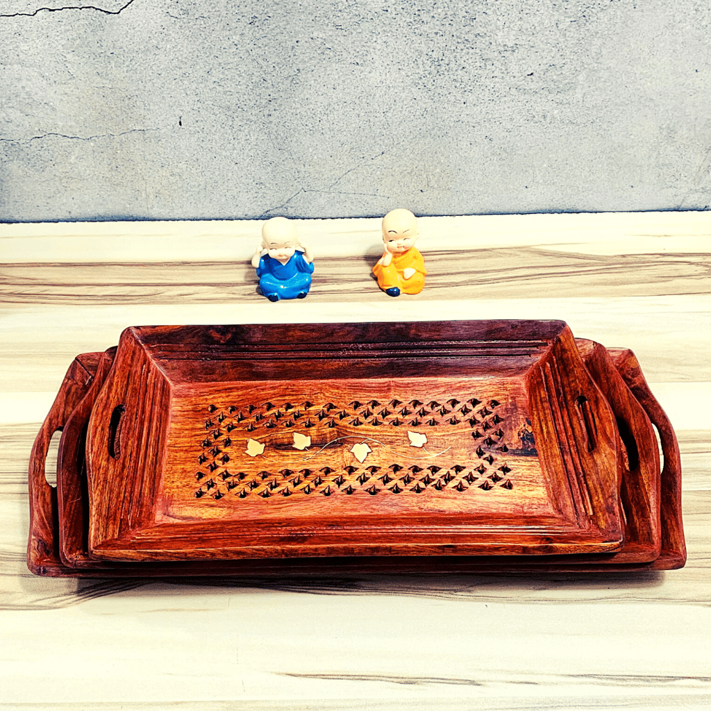 Homefrills Sheesham Wood Carved Design Antique Serving Tray/Platter, Handmade & Handcrafted Rectangular Platter/Trays with Handles for Serving Pastries, Snacks, Breakfast, Coffee- Set of 3