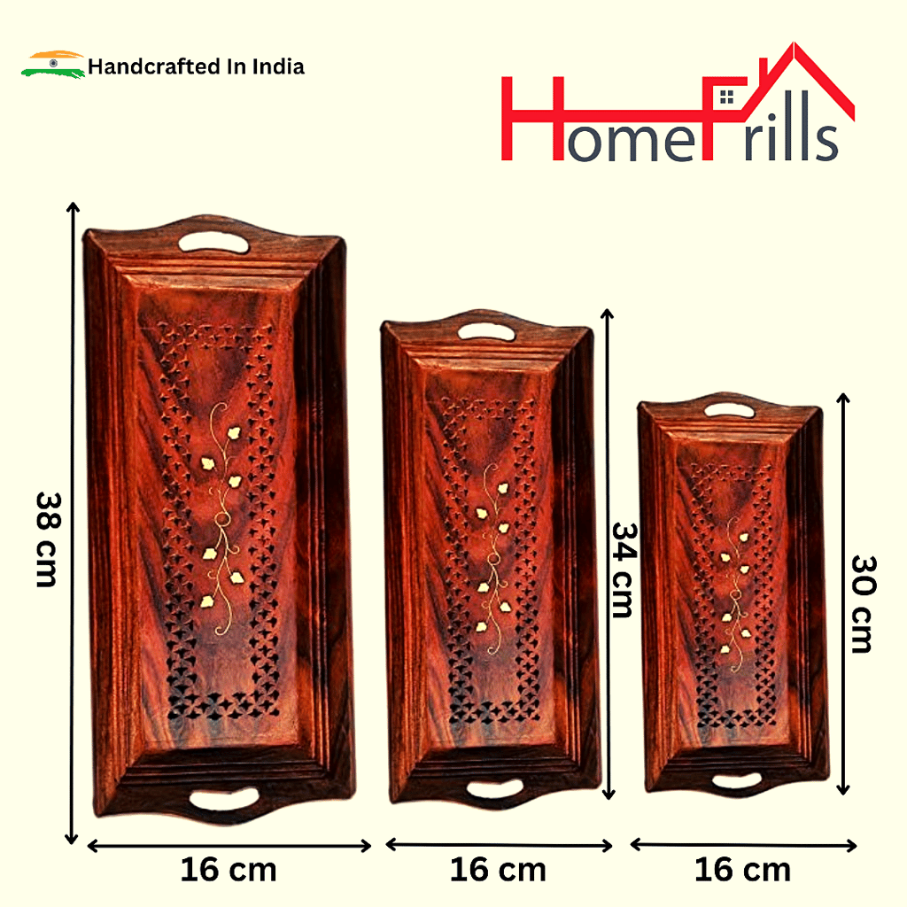 Homefrills Sheesham Wood Carved Design Antique Serving Tray/Platter, Handmade & Handcrafted Rectangular Platter/Trays with Handles for Serving Pastries, Snacks, Breakfast, Coffee- Set of 3
