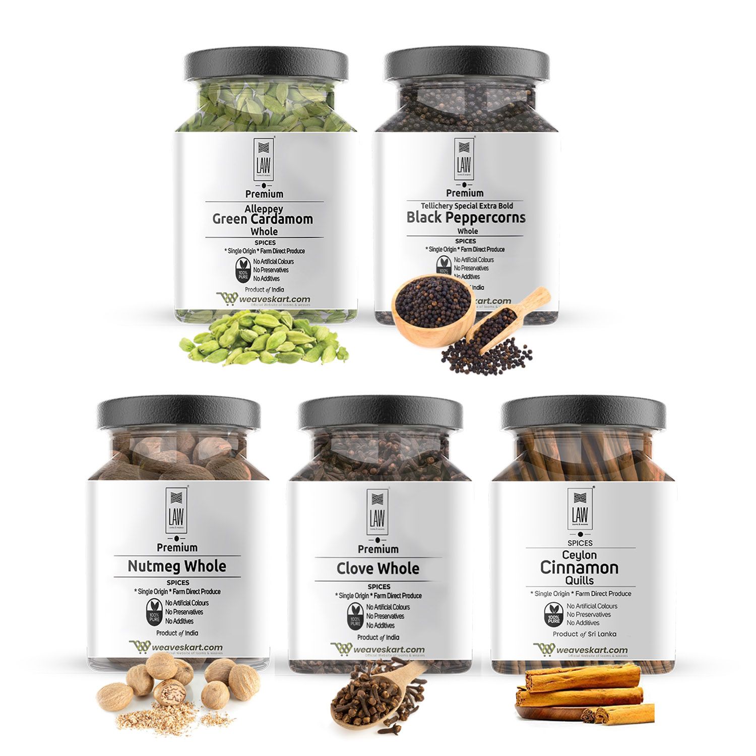 Gift Pack of Indian Spices – (Cardamom, Clove, Black Pepper, Ceylon Cinnamon & Nutmeg Whole)