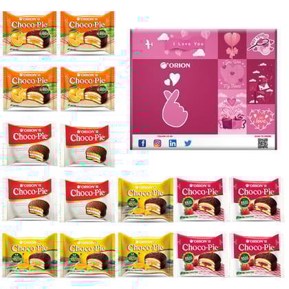 Orion Choco Pie Happiness Gift Box - 4 Flavors 16 Pcs - Chocolate, Mango, Strawberry, Orange Chocopie Cookies - Soft Chocolate biscuits