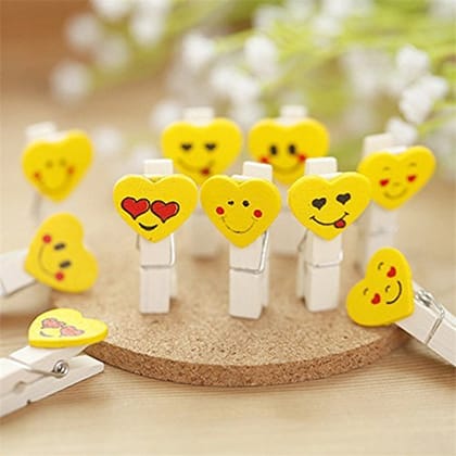 TickRight Cute Mini Wooden Photo/Paper Clips with Rope (Pack of 10Pcs) (Heart Emoji)