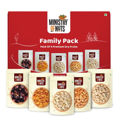 Ministry Of Nuts Family Pack OF 5 Premium Dry Fruits | California Almonds 150g, Whole Cashew Nuts 150g, Seedless Raisins 150g, Dates 175g, California Pistachios 125g | Total 750g