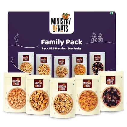 Ministry Of Nuts Family Pack OF 5 Premium Dry Fruits | California Almonds 150g, Dried Figs 125g, Walnuts 125g, Seedless Raisins 175g, Dates- 175g | Total 750g