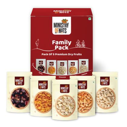 Ministry Of Nuts Family Pack Of 5 Mini Premium Dry Fruits California Almonds 50g, California Pistachios 50g Whole Cashew Nuts 50g, Seedless Raisins 50g & Dates 50g Total 250G