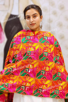 Kaseedaarts Traditional Handmade Multicolor Bagh (Wedding Dupatta/Phulkari for Women's 04)