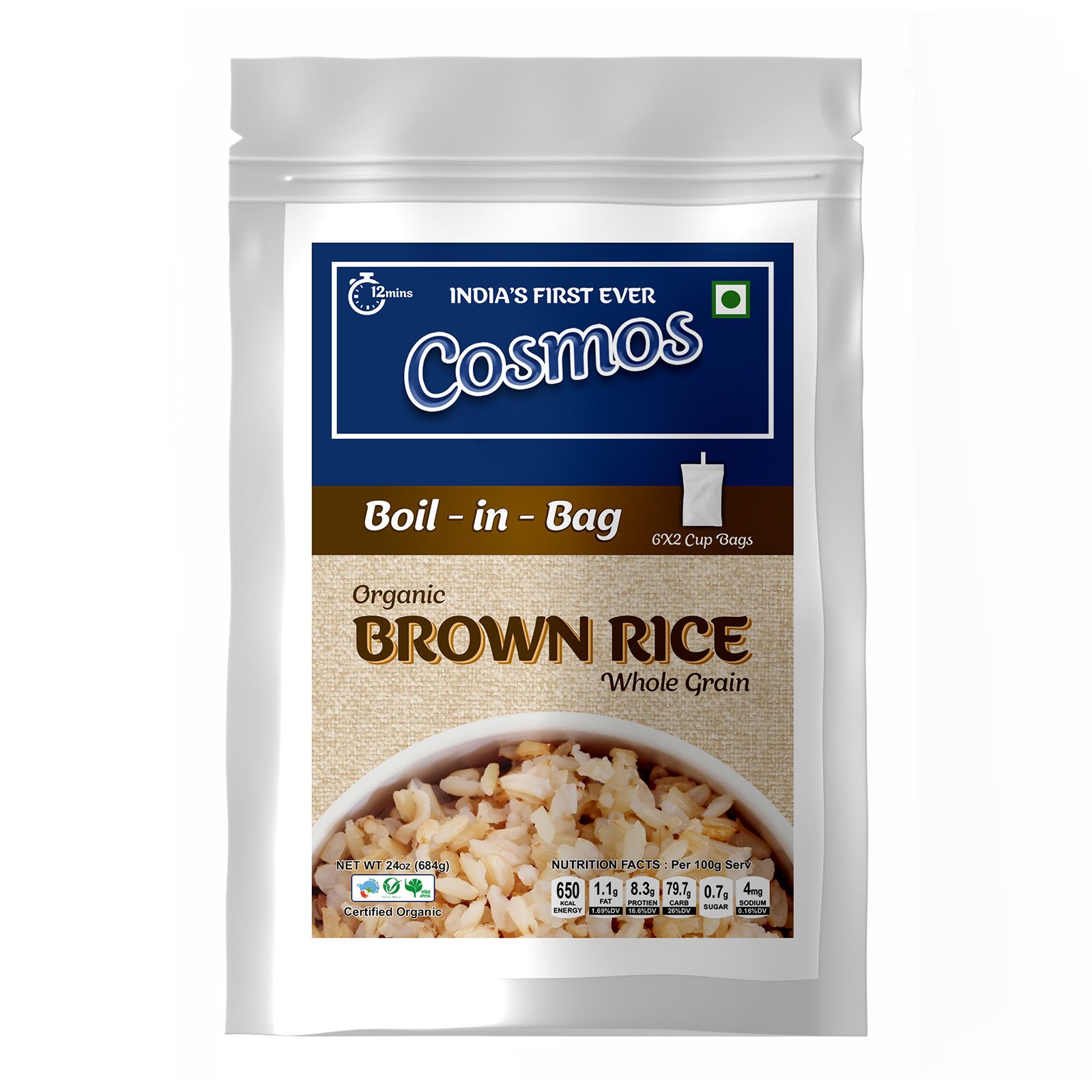 Cosmos Boil-in-Bag Organic Brown Rice (24oz) Ready-to-Cook Sona masuri Premium