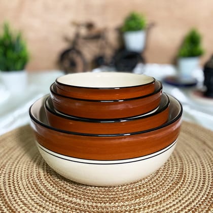 CERAMIC DINING Royal Brown & White Handcrafted Ceramic Serving Bowls Set of 4 || Dinner Serving Bowls 1000ml, 700ml, 500ml, 300ml