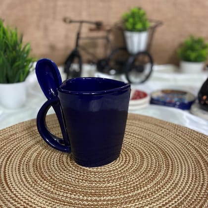 CERAMIC DINING Royal Blue Heart Shaped Ceramic Mugs for Milk or Coffee with Spoon