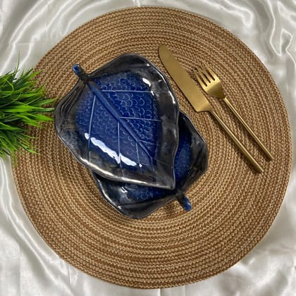 CERAMIC DINING Paan Leaf Shaped Ceramic Platter Set of 2 || Starter Platter || Deep Tray (Royal Blue)
