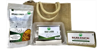 Snacky Millet Gift Bag (Bajra Khatai-200gm, jowar Laddu-500gm, Bikaneri Bhujia-250gm)