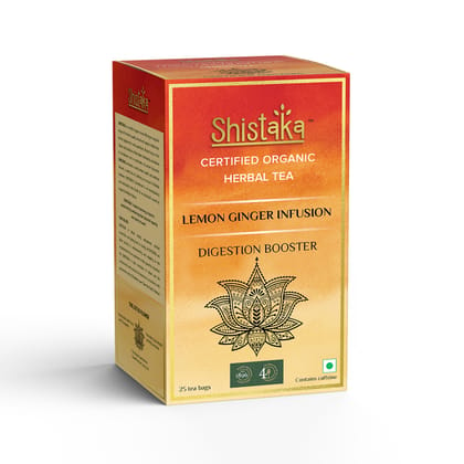 Shistaka Lemon Ginger Infusion Tea | Certified Organic Herbal Tea to Boost Digestion with Goodness of Ginger, Lemon, Tulsi and Vitamin C | Effective for Weight Loss| Green tea| 25 Tea Bags
