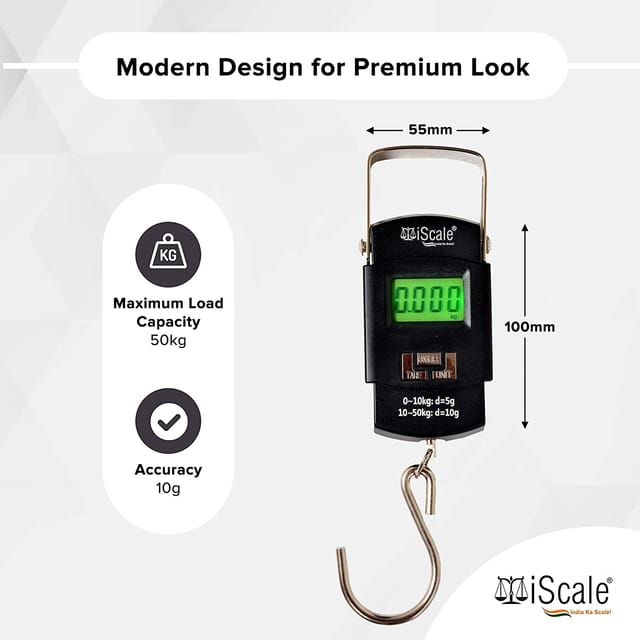 iScale Handy 50kg x 10g Digital Portable Hanging Weighing Scale with  Stainless Steel Hook for Luggage, Cylinder, Fishing and Multipurpose  Industrial Weighing Use