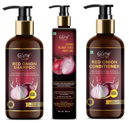 Glow Skin Care Onion Oil Hair Care Kit for Hair Fall Control - Shampoo 300ml + Conditioner 300ml + Onion Hair Oil 200ml (Combo Pack)
