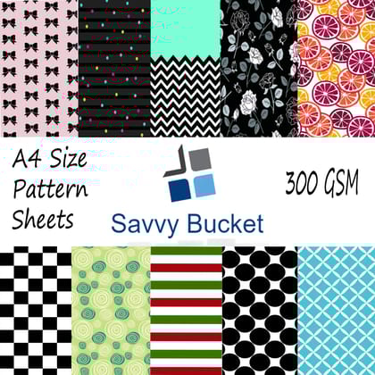 SavvyBucket||Scrapbooking Printed Sheets||Multi-Coloured||300 GSM Pack of 20 (2 Sheets per Design) Size A4