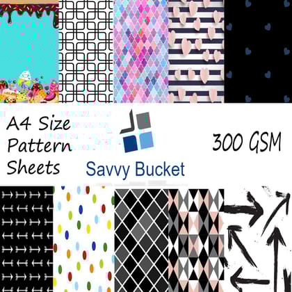 SavvyBucket||Scrapbooking Printed Sheets||Multi-Coloured||300 GSM Pack of 10 (1 Sheets per Design) Size A4