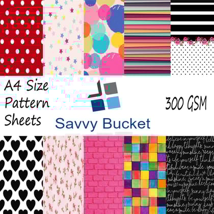 SavvyBucket||Scrapbooking Printed Sheets||Multi-Coloured||300 GSM Pack of 10 (1 Sheets per Design) Size A4