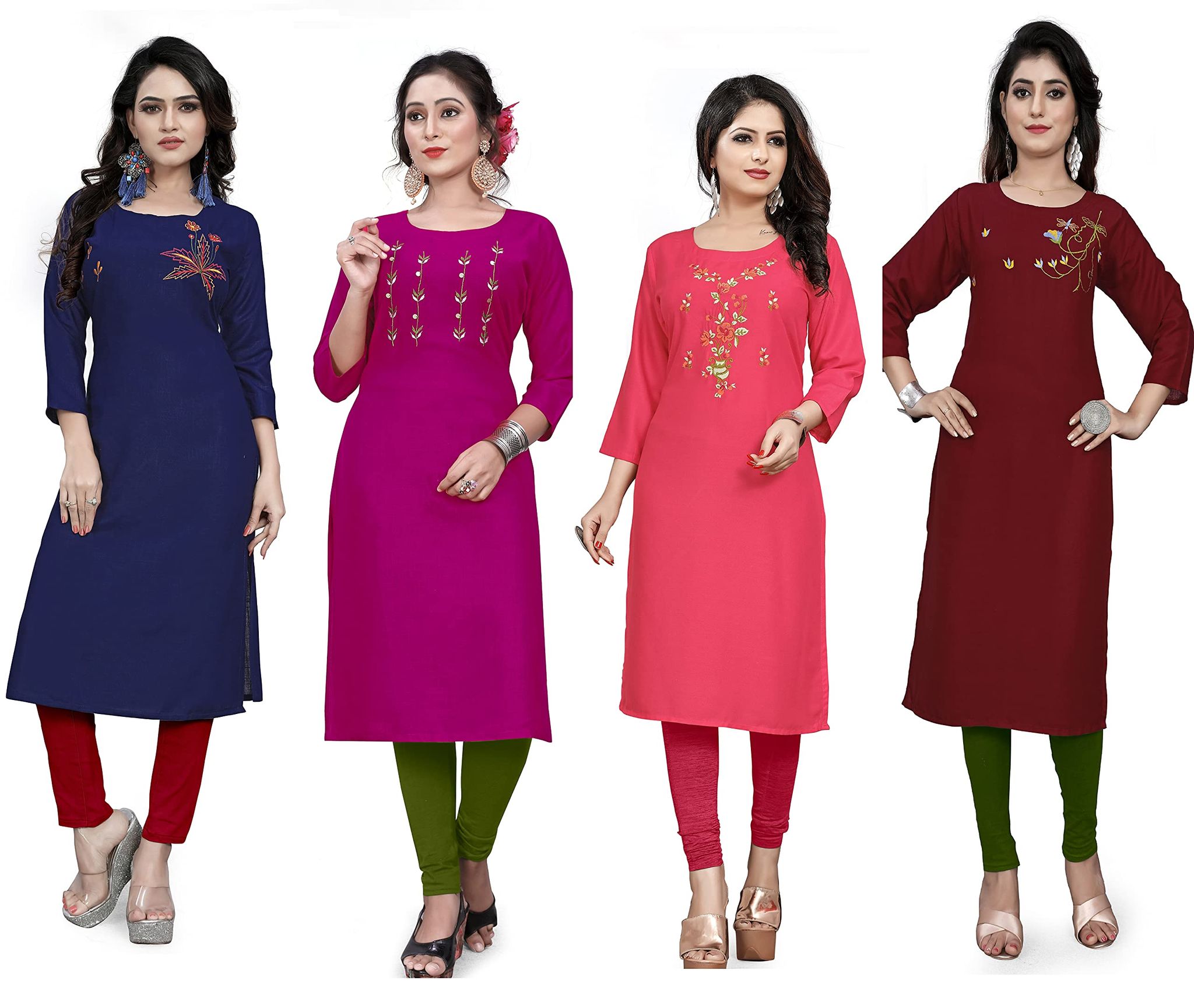 STYLEOO Rayon Embroidered Kurta/kurties for Women and Girls Pack of 4,DARK  BLUE, RANI, MAROON & PINK (M, L, XL, XXL)