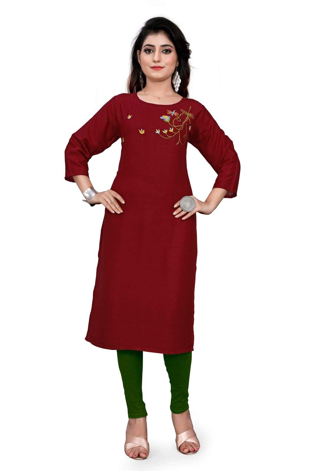 STYLEOO Women's Rayon 3/4 Sleeves Embroidered Kurti (Maroon) (M, L, XL, XXL)
