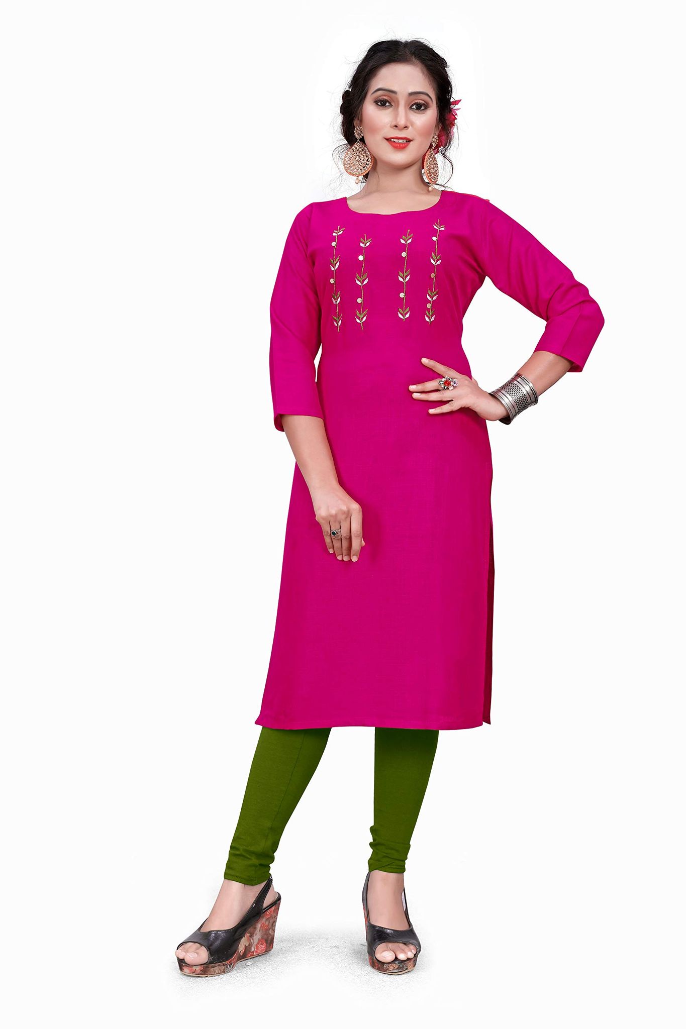 STYLEOO Women's Rayon 3/4 Sleeves Embroidered Kurti (M, L, XL, 2XL Pink)