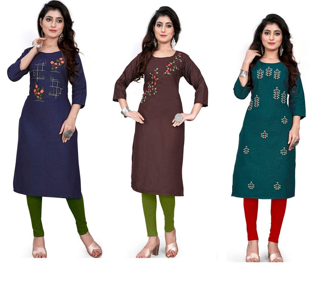 STYLEOO Women's Cotton Embroidered Regular Combo Kurti Pack of 3 (Blue, Brown, Green) (M, L, XL, XXL)