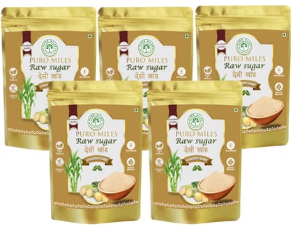 Puro Miles Raw Sugar | Desi Khandsari Sugar | Organic & Unrefined | Unprocessed & Natural | Free from chemicals and preservatives | Pack of 800gmx5