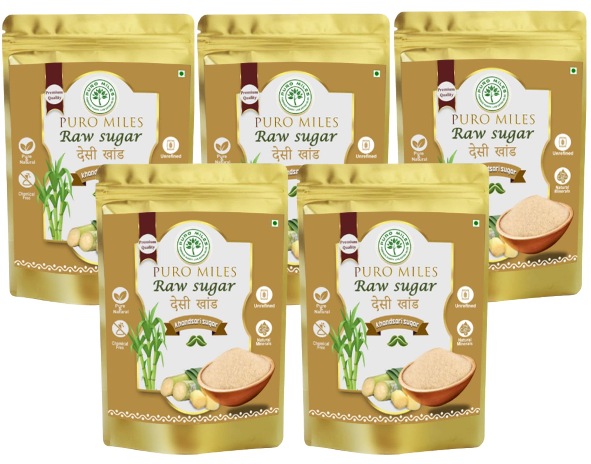 Puro Miles Raw Sugar | Desi Khandsari Sugar | Organic & Unrefined | Unprocessed & Natural | Free from chemicals and preservatives | Pack of 800gmx5