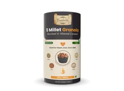 FOODAIDS MILLET GRANOLA  ( FLAVOUR ALMOND CARAMEL & HAZELNUT) 200 GM. Gluten free/ Almonds & Wallnut/Chia seeds,A Complete Protein & Fibre Diet