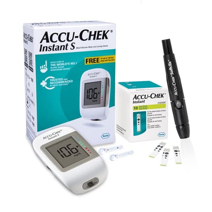 ACCU CHECK INSTANT S Blood Glucose Glucometer Kit with Vial of 10 Strips, 10 Lancets and a Lancing device FREE for Accurate Blood Sugar Testing