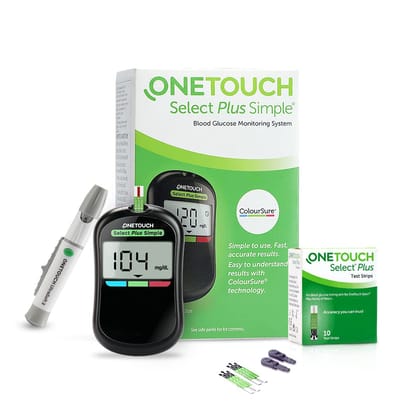 ONE TOUCH Select Plus Simple glucometer machine | Simple & accurate testing of Blood sugar levels at home | Global Iconic Brand | FREE 10 Test Strips + 10 Sterile Lancets + 1 Lancing device