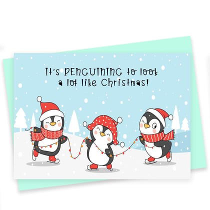 Rack Jack Funny Christmas Xmas Greeting Card for Secret Santa Gifts New Year Friends Family Colleagues with Pastel Envelope - Penguining To Look Like Christmas