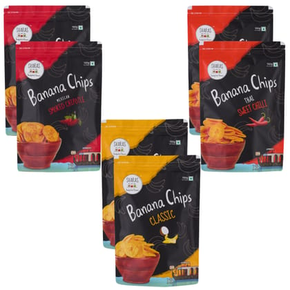 Svaras Premium Assorted Kerala Banana Chips Combo | Classic, Mexican Smoked Chipotle and Thai Sweet Chilli | 100% authentic, made in fresh coconut oil | 150g pack of 6