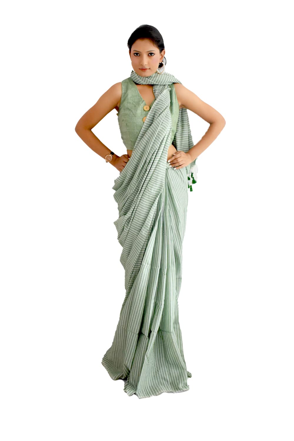 OCAU Women's Plain Weave Handloom Striped Saree with Blouse Piece