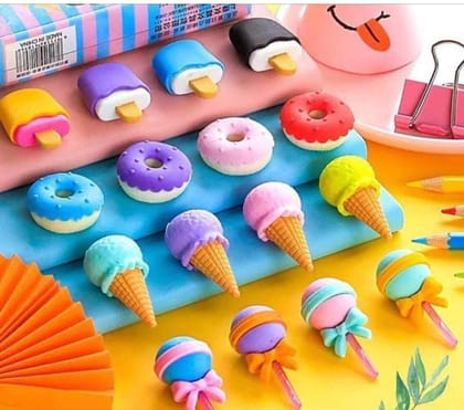 DanMart Lollies/Donut/Lolipop/Softy/Eraser for Girls/Eraser for School B'Day Return Gift Party Doughnut Lollipop Ice Cream Theme Shape Erasers Pencils Set for Kids Educational Stationary kit