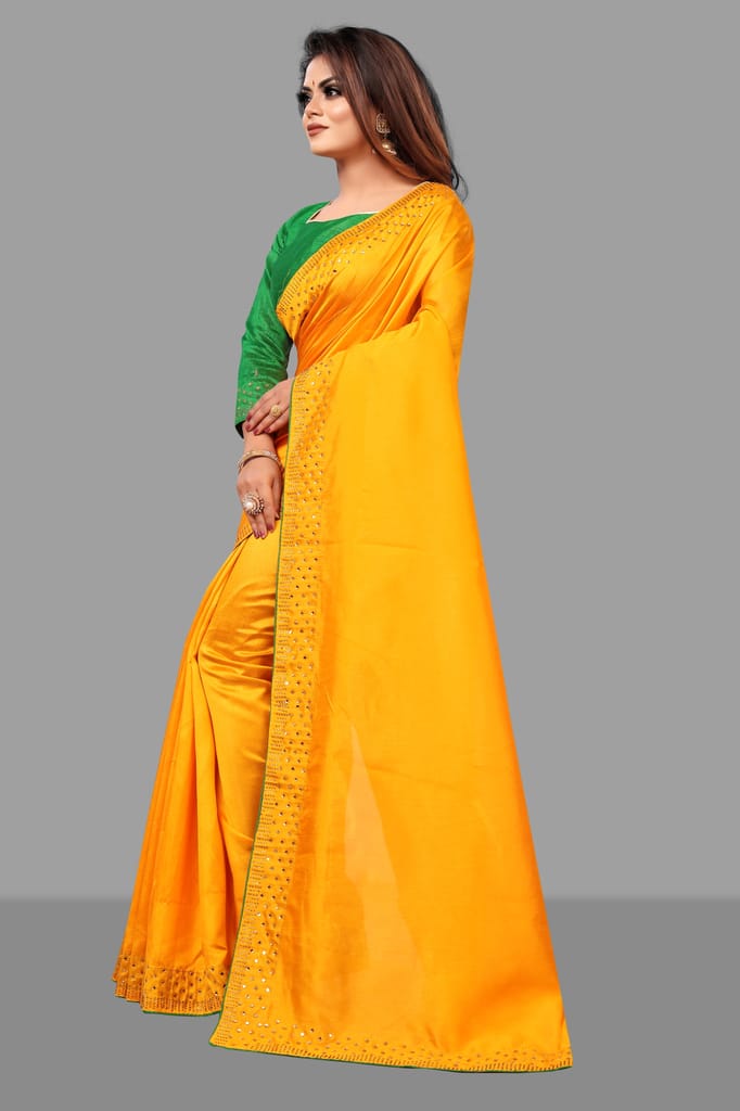 BGMK ENTERPRISE Zoya Yellow color Diamond Work Soft Silk Saree With Unstitched Blouse