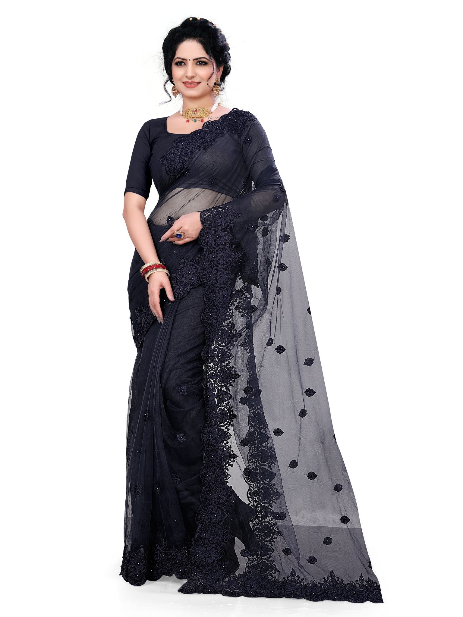 Embroidered Bollywood Net Saree (Black)