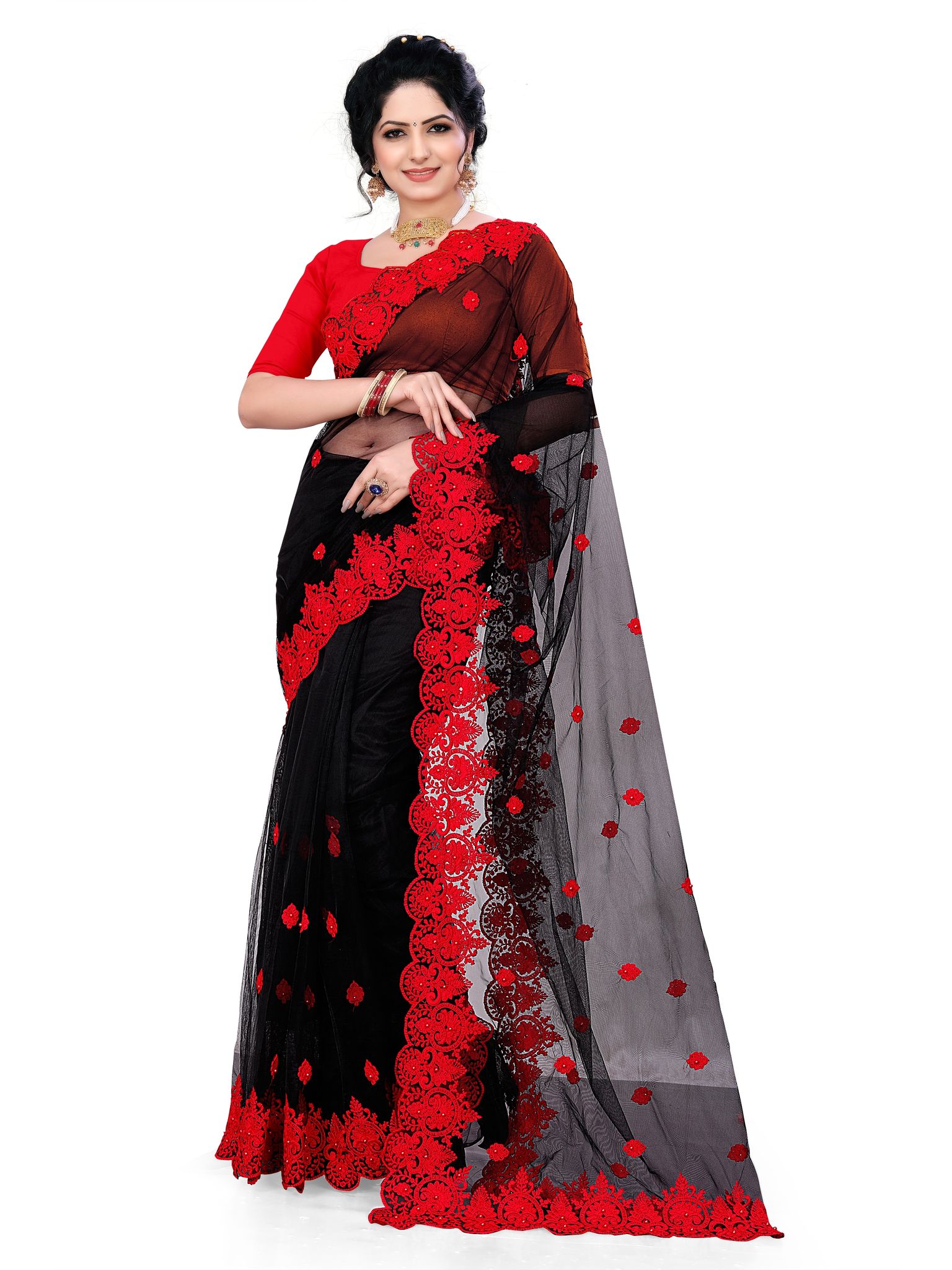 Embroidered Bollywood Net Saree (Black_Red)