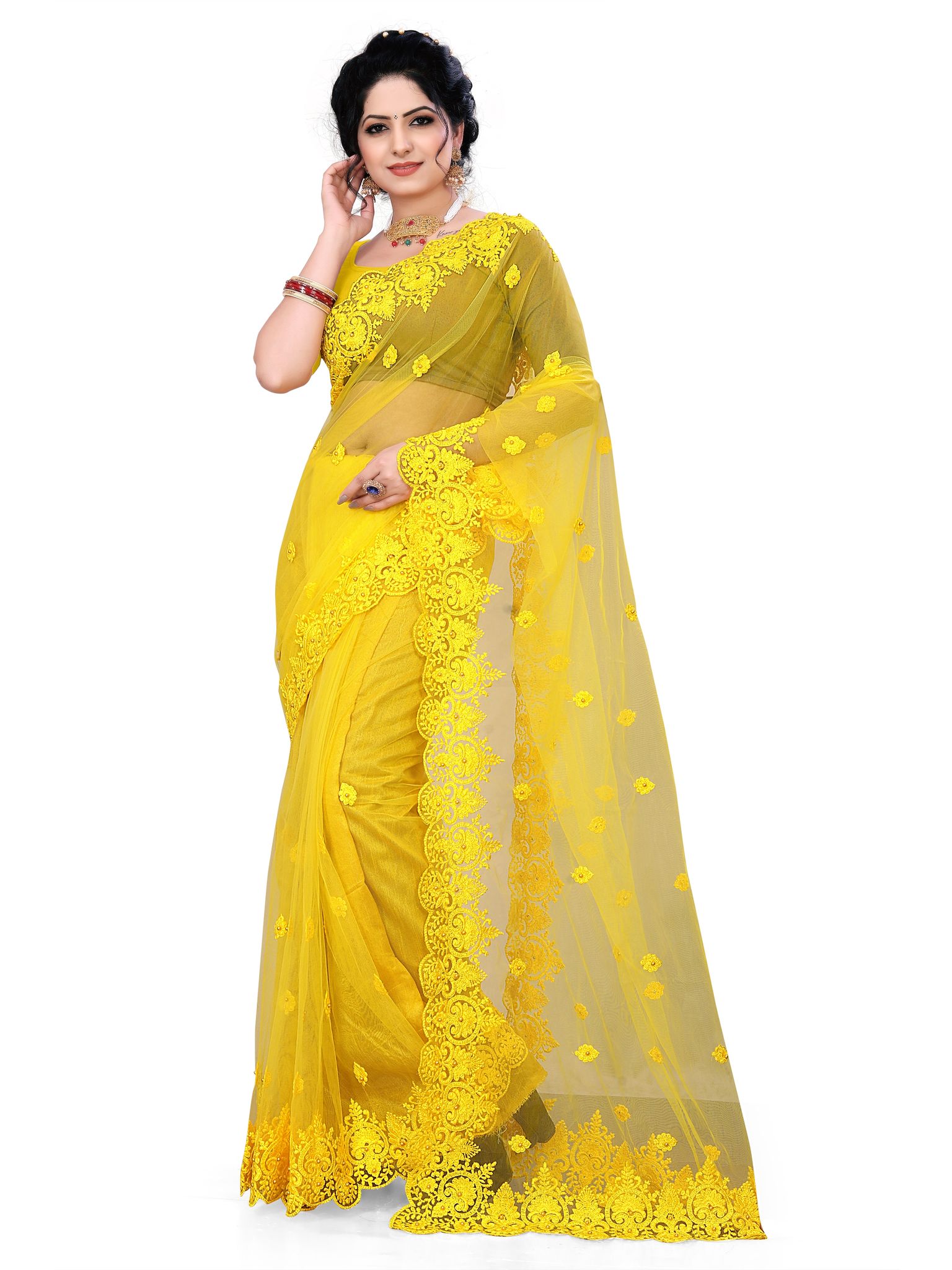 Embroidered Bollywood Net Saree (Yellow)