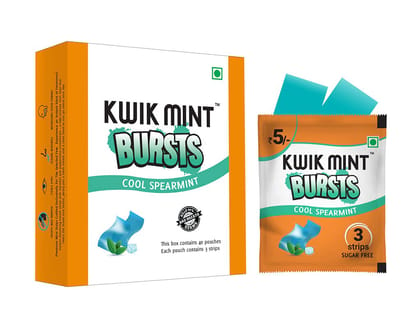 Kwik Mint Bursts - Sugar Free SpearMint Flavoured Mouth Freshener Oral Care Strips - Pack of 3 (120 Sachets - 360 Strips)
