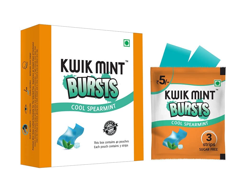 Kwik Mint Bursts - Sugar Free SpearMint Flavoured Mouth Freshener Oral Care Strips - Pack of 4 (160 Sachets - 480 Strips)